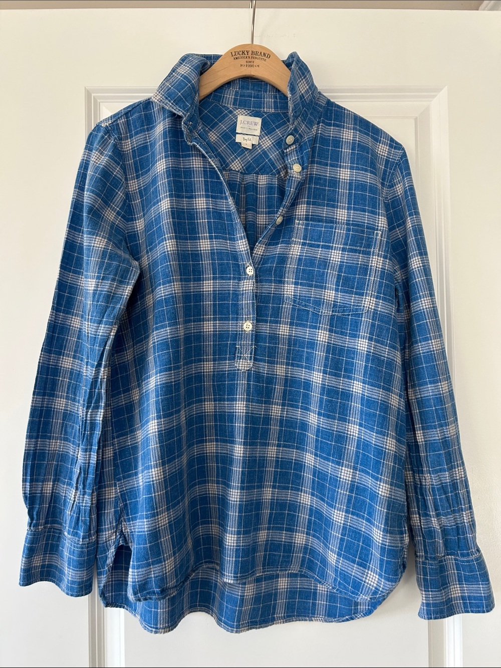 J Crew Boy Fit Popover Sz S w MEASUREMENTS Royal Blue Plaid w Pocket